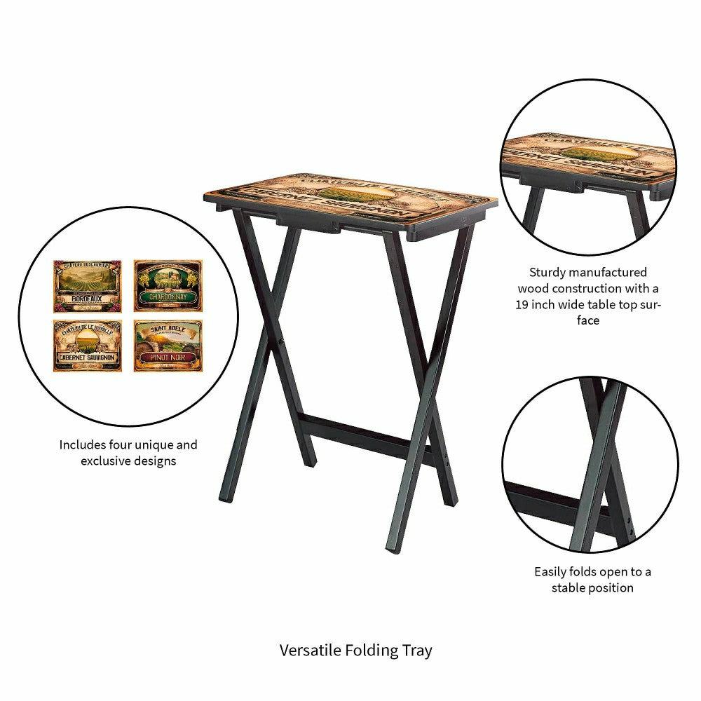 Classic Wine Label Wooden Set of 4 TV Tray Tables with Stand | Plow & Hearth