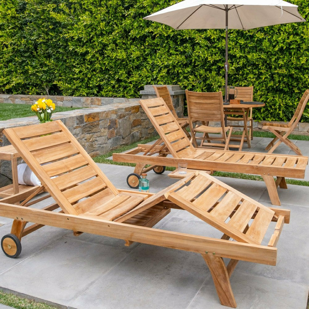 Naples Natural Teak Outdoor Sun Lounger with Adjustable Seat and Side  | Plow & Hearth