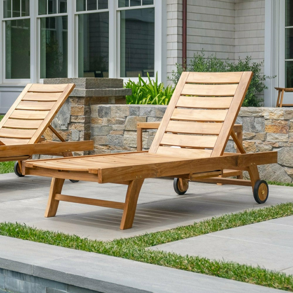 Naples Natural Teak Outdoor Sun Lounger with Adjustable Seat and Side  | Plow & Hearth