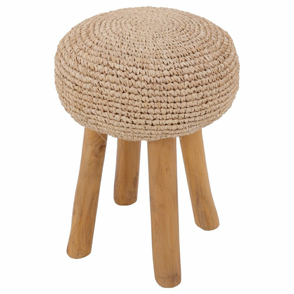 Kuta Natural Teak Indoor Branch Stool with Raffia Seat - 18.5"-30" | Plow & Hearth