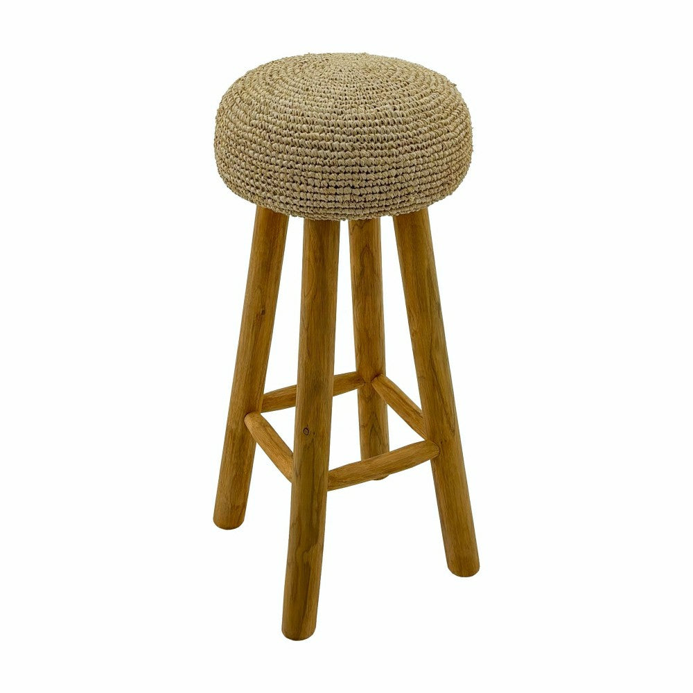 Kuta Natural Teak Indoor Branch Stool with Raffia Seat - 18.5"-30" | Plow & Hearth