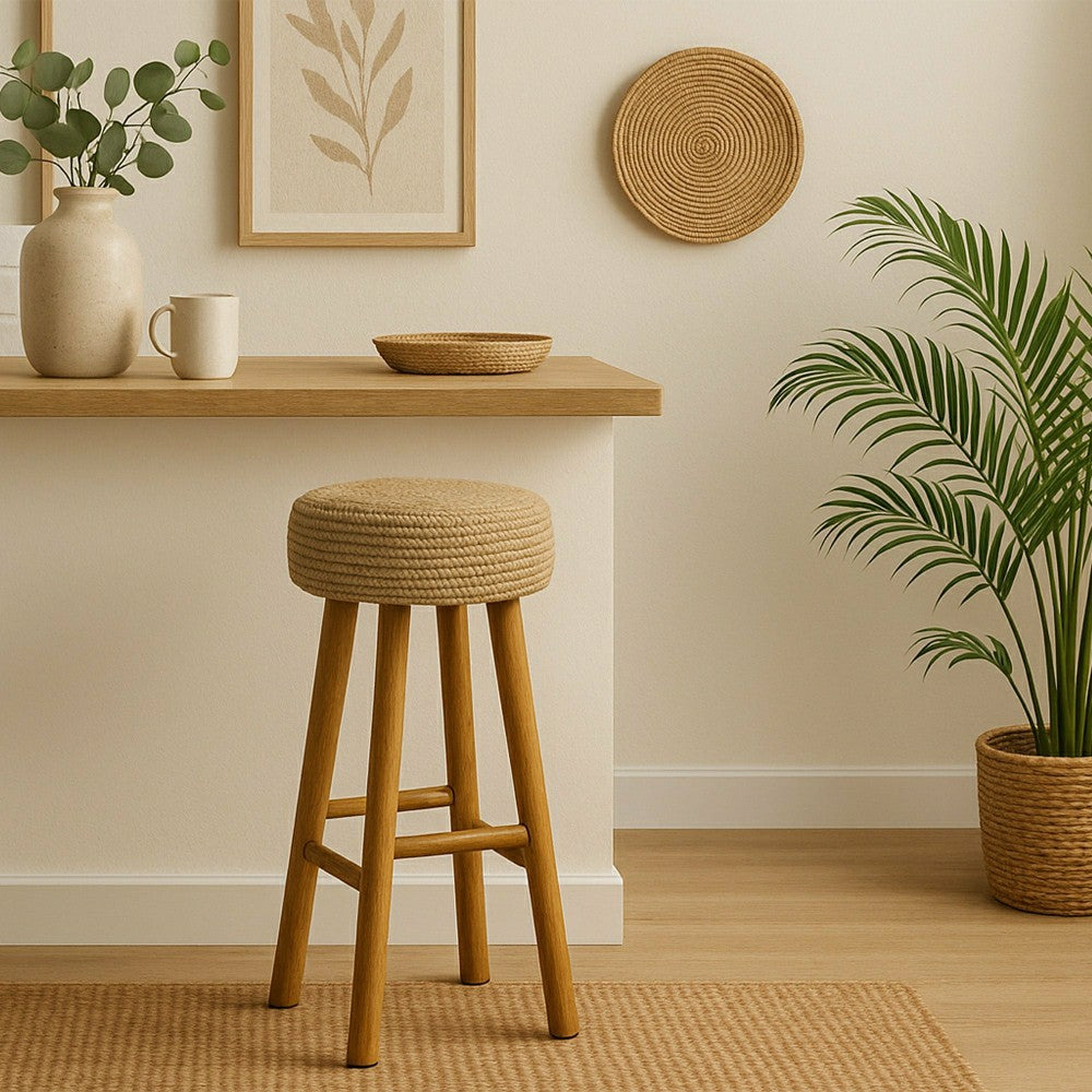 Kuta Natural Teak Indoor Branch Stool with Raffia Seat - 18.5"-30" | Plow & Hearth