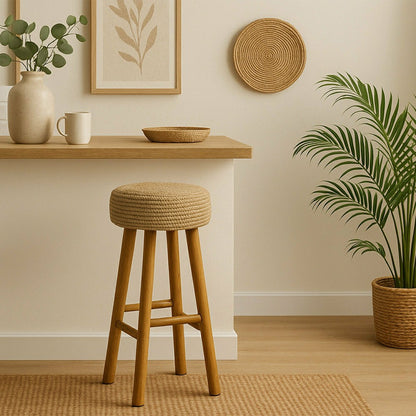 Kuta Natural Teak Indoor Branch Stool with Raffia Seat - 18.5"-30" | Plow & Hearth