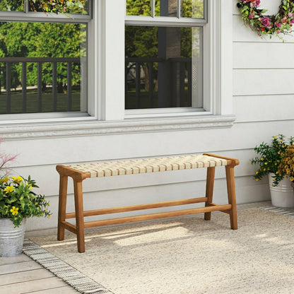 Teak Wood Patio Bench with Woven Seat | Plow & Hearth