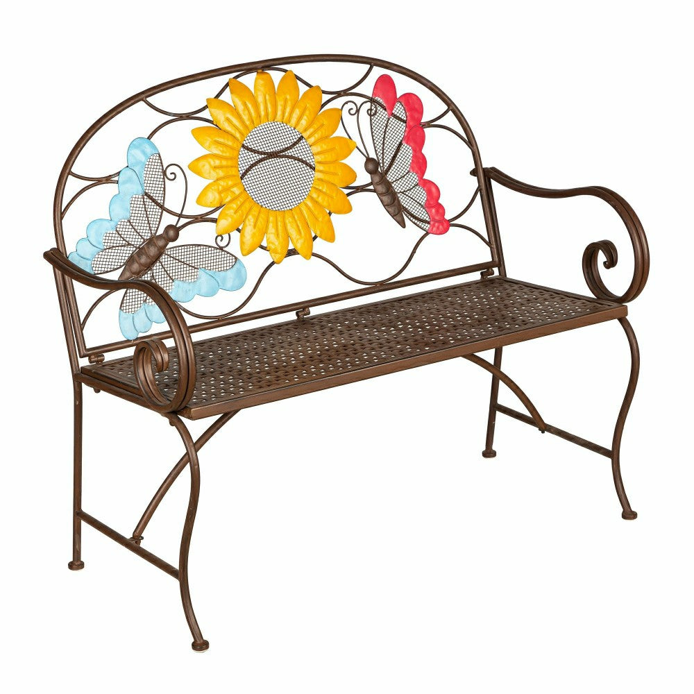 Sunflower with Butterflies Metal Outdoor Bench | Plow & Hearth