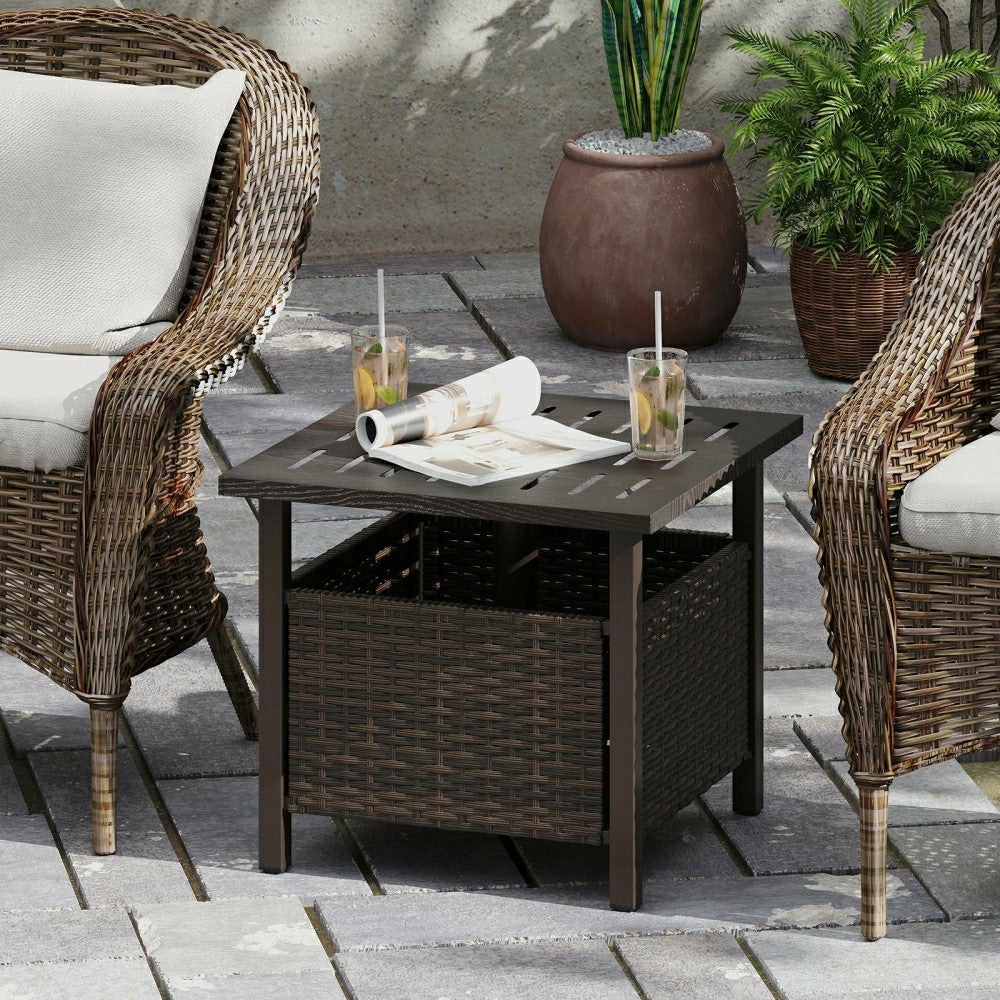 Outdoor Side Table All-Weather PE Wicker Patio Table with Umbrella Hol | Plow & Hearth