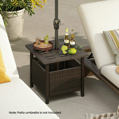 Outdoor Side Table All-Weather PE Wicker Patio Table with Umbrella Hol | Plow & Hearth