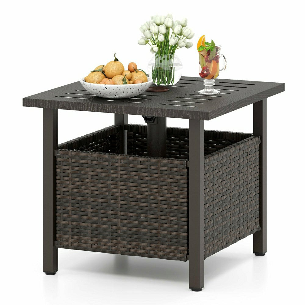 Outdoor Side Table All-Weather PE Wicker Patio Table with Umbrella Hol | Plow & Hearth