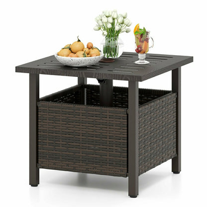 Outdoor Side Table All-Weather PE Wicker Patio Table with Umbrella Hol | Plow & Hearth
