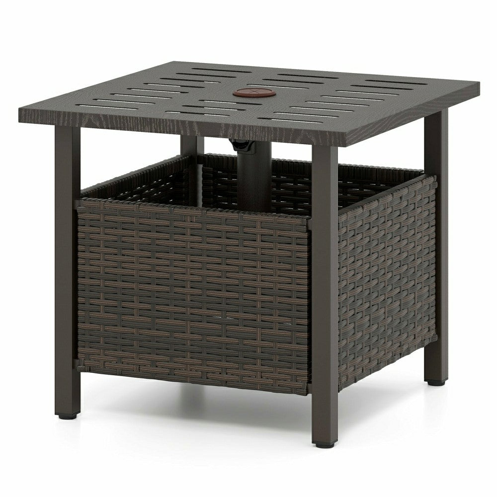 Outdoor Side Table All-Weather PE Wicker Patio Table with Umbrella Hol | Plow & Hearth