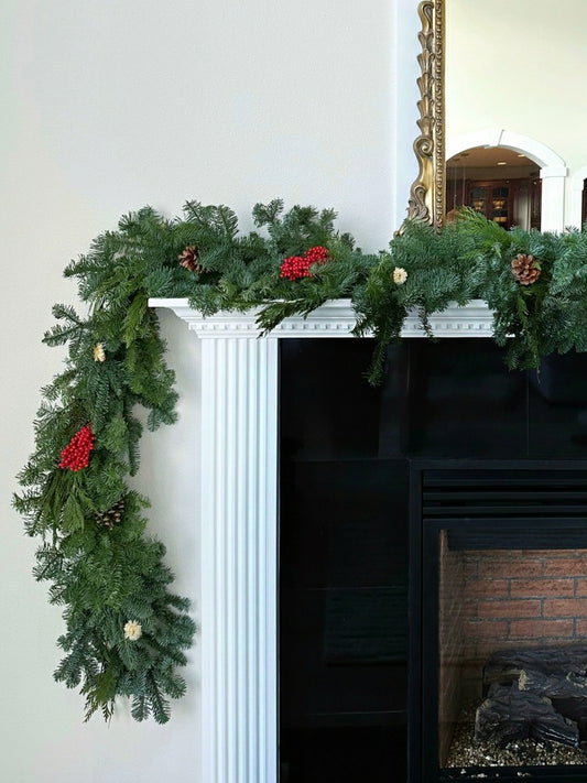 Noble Fir and Red Berries Fresh Garland, 12' | Plow & Hearth