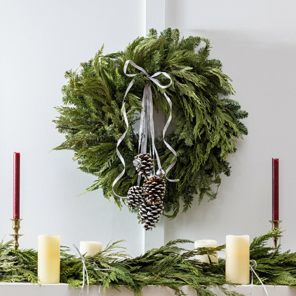 Noble Fir and Pinecone Fresh Wreath with Bells, 20" | Plow & Hearth