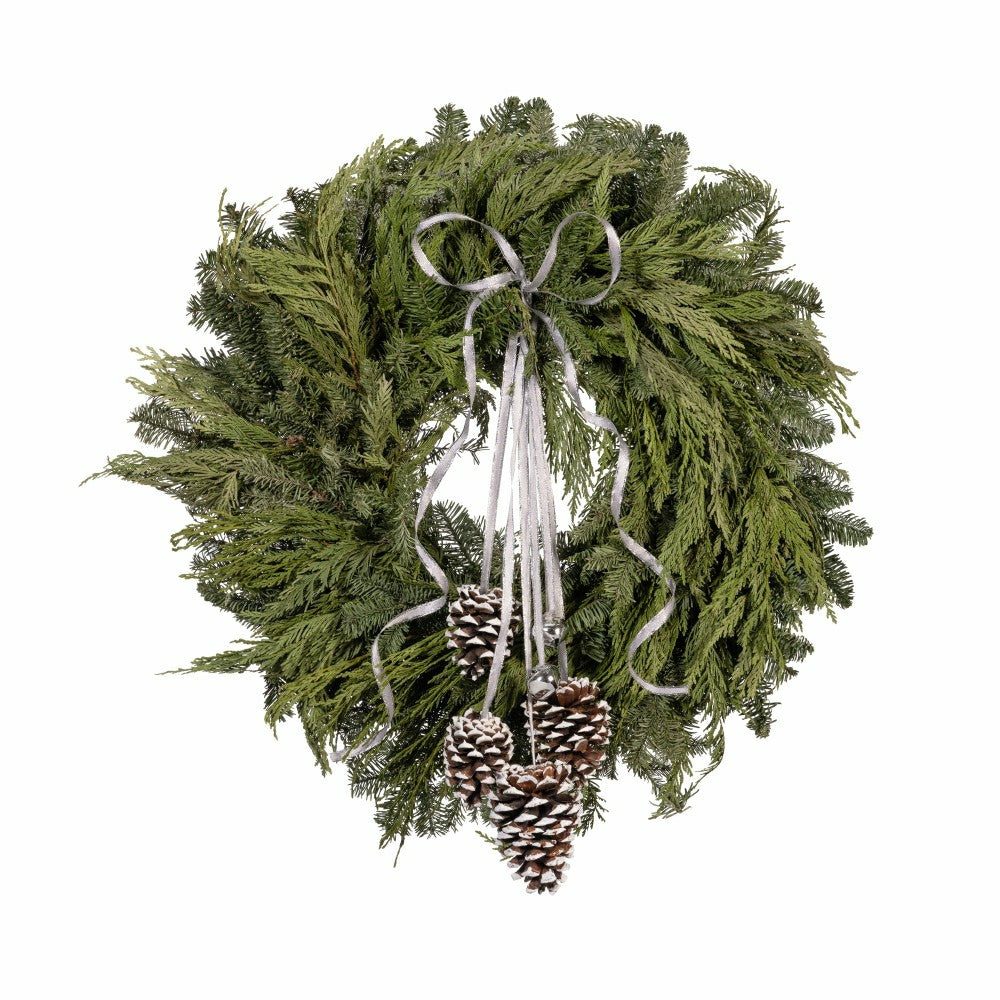 Noble Fir and Pinecone Fresh Wreath with Bells, 20" | Plow & Hearth