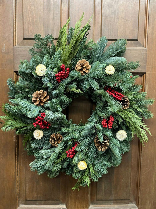 Noble Fir and Red Berries Fresh Wreath, 20" | Plow & Hearth