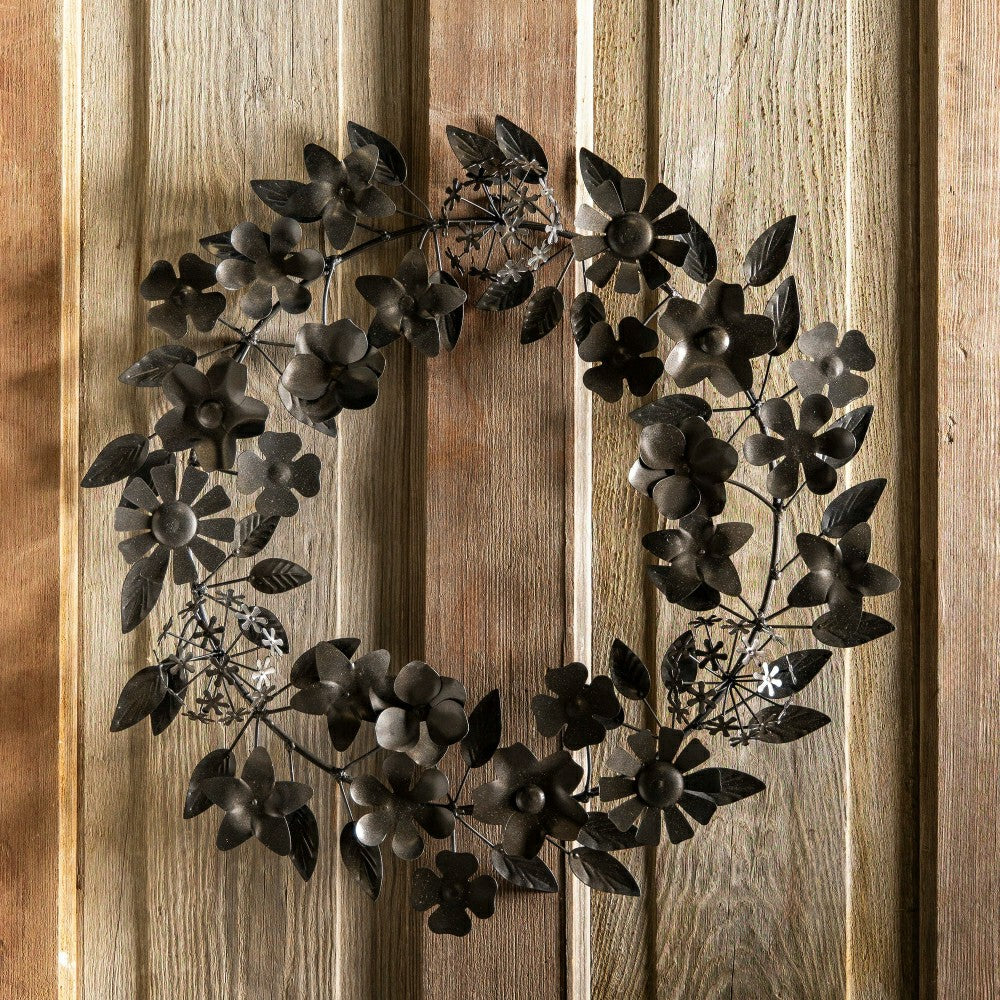 Recycled Metal Black Floral Leaf Wreath | Plow & Hearth
