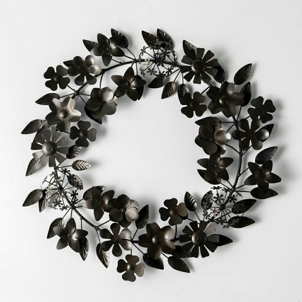 Recycled Metal Black Floral Leaf Wreath | Plow & Hearth