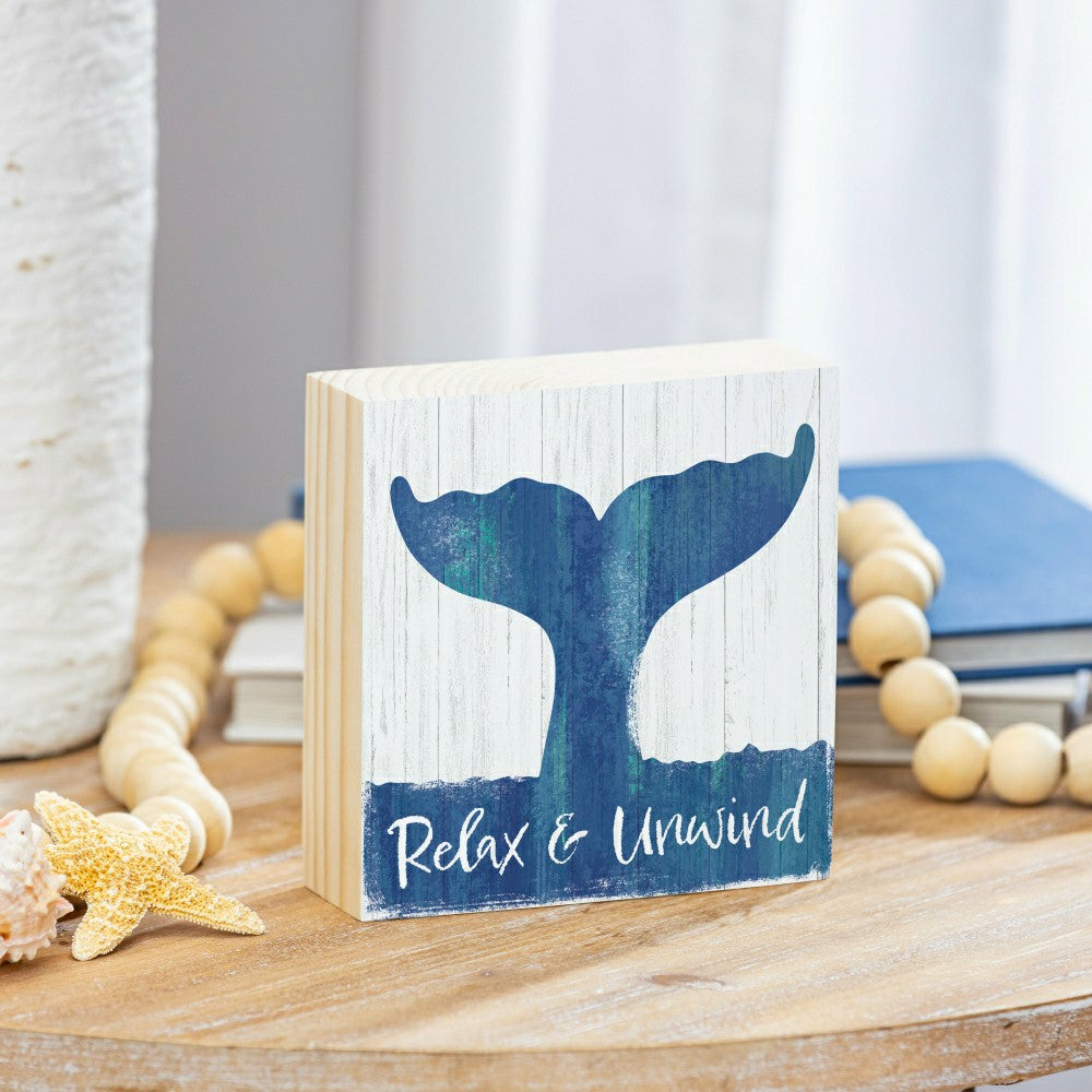 Coastal Relax Whale Sign Wood Block, 6"x6" | Plow & Hearth