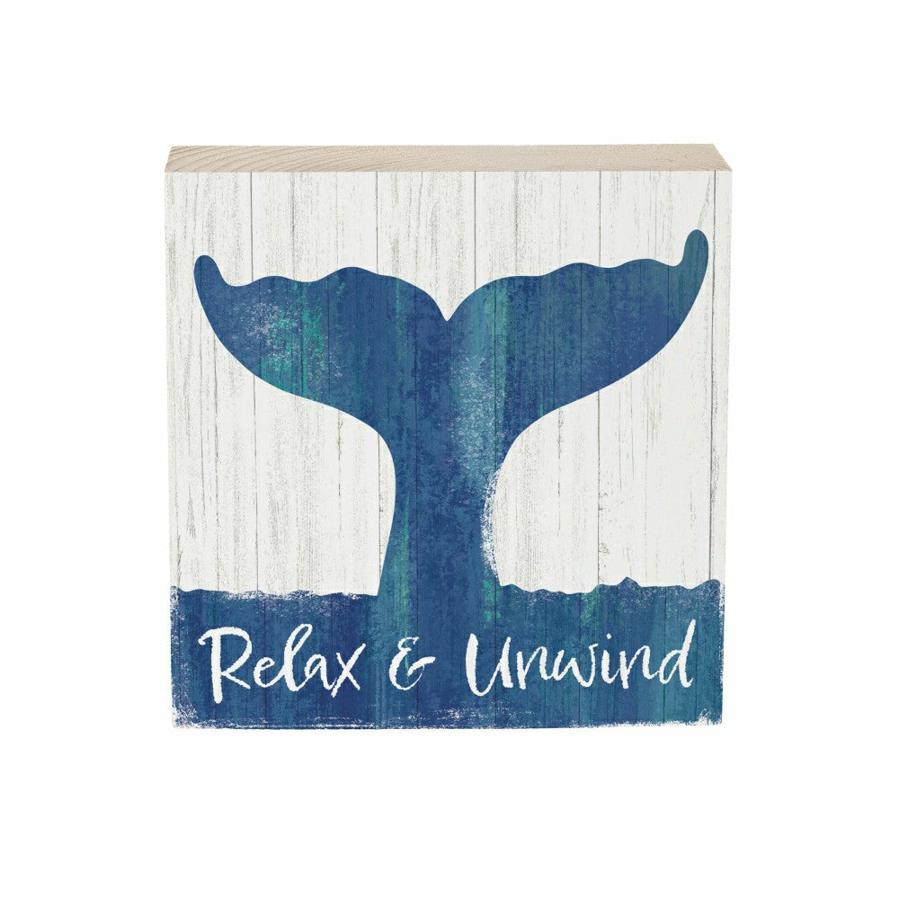 Coastal Relax Whale Sign Wood Block, 6"x6" | Plow & Hearth