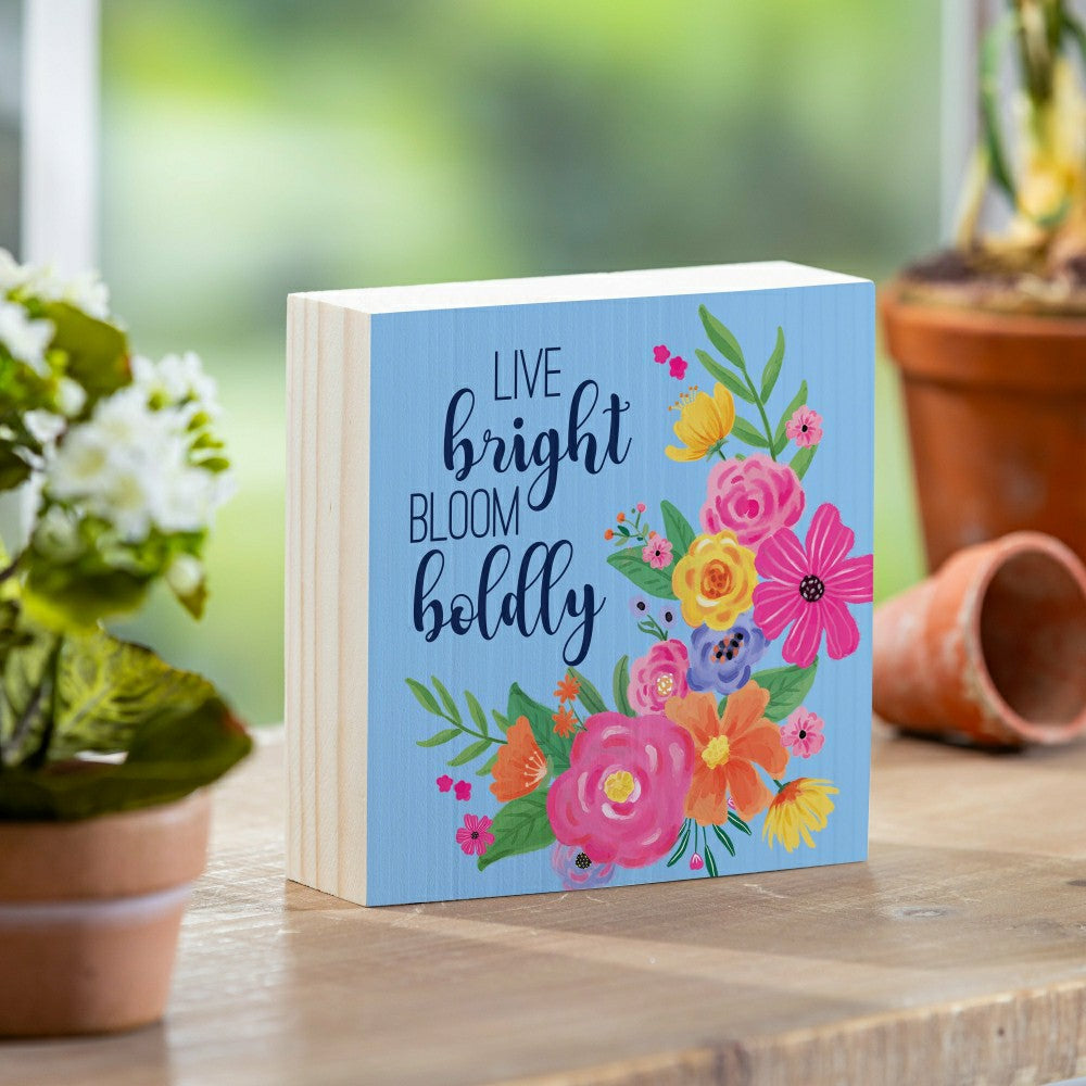 Bunny Blooms Sign Wood Block "Live Bright, Bloom Boldly", 6"x6" | Plow & Hearth