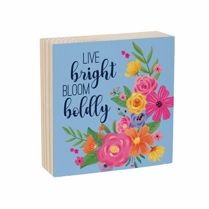 Bunny Blooms Sign Wood Block "Live Bright, Bloom Boldly", 6"x6" | Plow & Hearth