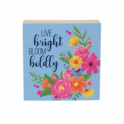 Bunny Blooms Sign Wood Block "Live Bright, Bloom Boldly", 6"x6" | Plow & Hearth