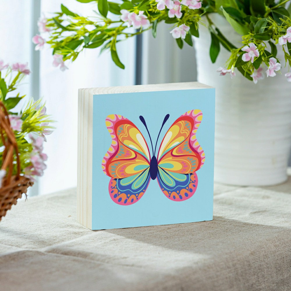 Bunny Blooms Butterfly Sign Wood Block, 6"x6" | Plow & Hearth
