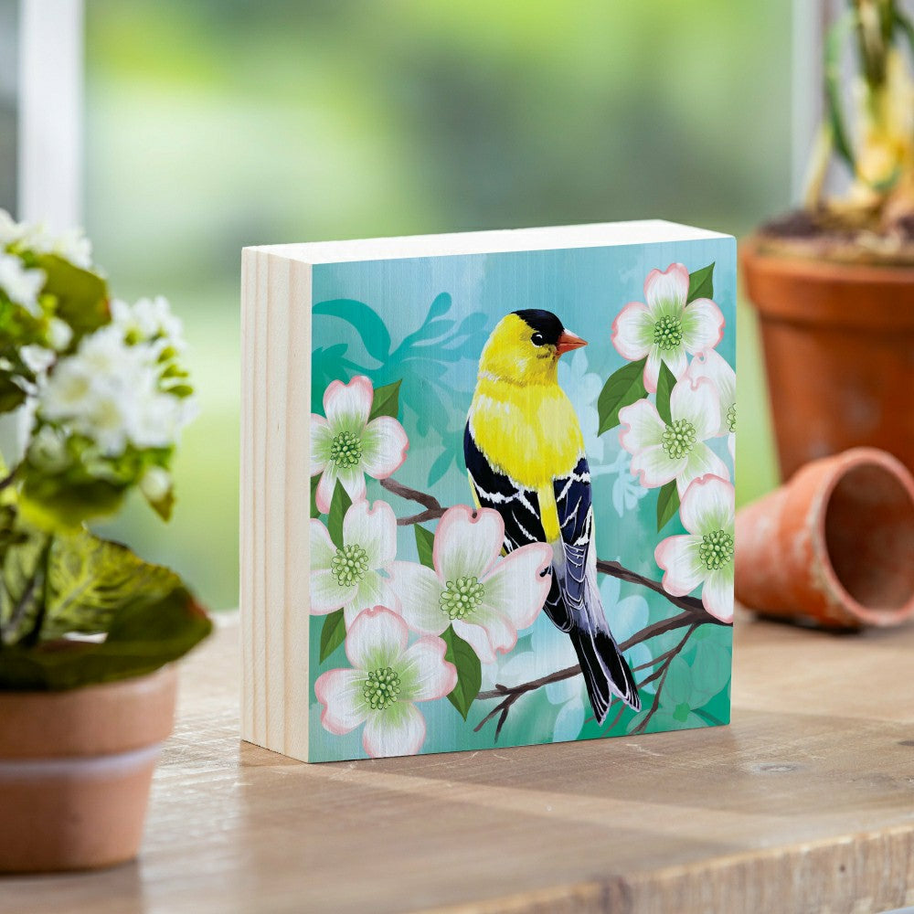 What She Shed Goldfinch Dogwood Blossoms Sign Wood Block, 6"x6" | Plow & Hearth