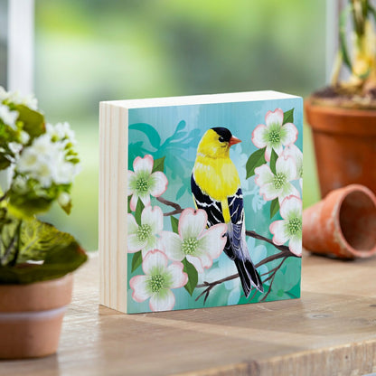 What She Shed Goldfinch Dogwood Blossoms Sign Wood Block, 6"x6" | Plow & Hearth