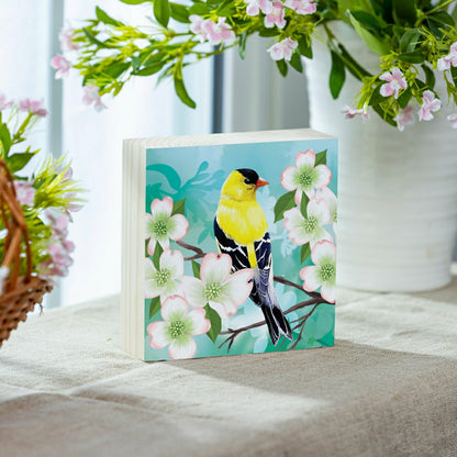 What She Shed Goldfinch Dogwood Blossoms Sign Wood Block, 6"x6" | Plow & Hearth