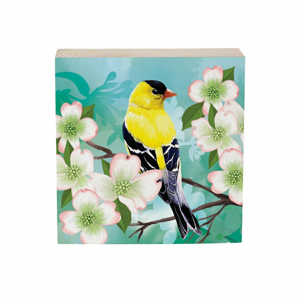 What She Shed Goldfinch Dogwood Blossoms Sign Wood Block, 6"x6" | Plow & Hearth