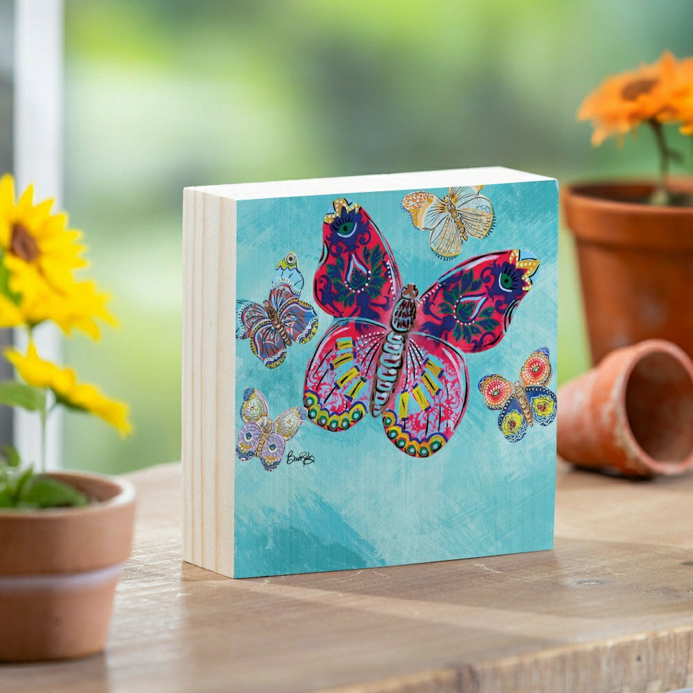 Seaside Retreat Sign Wood Block, Butterflies, Your Text Here, 6"x6" | Plow & Hearth