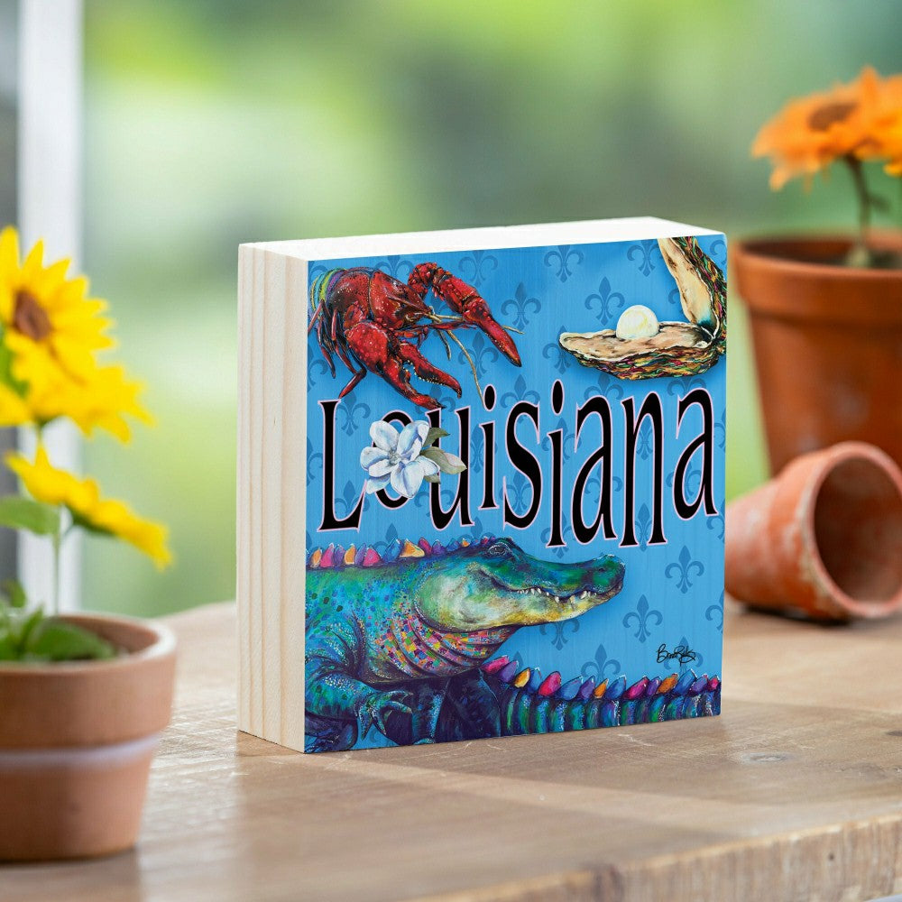 Seaside Retreat Sign Wood Block, Louisiana Alligator, 6"x6" | Plow & Hearth