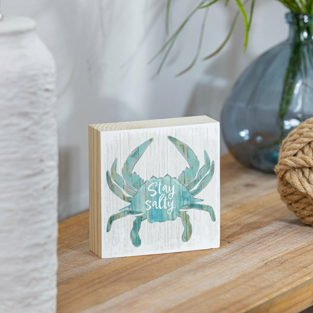 Coastal Salty Crab Sign Wood Block, 6"x6" | Plow & Hearth