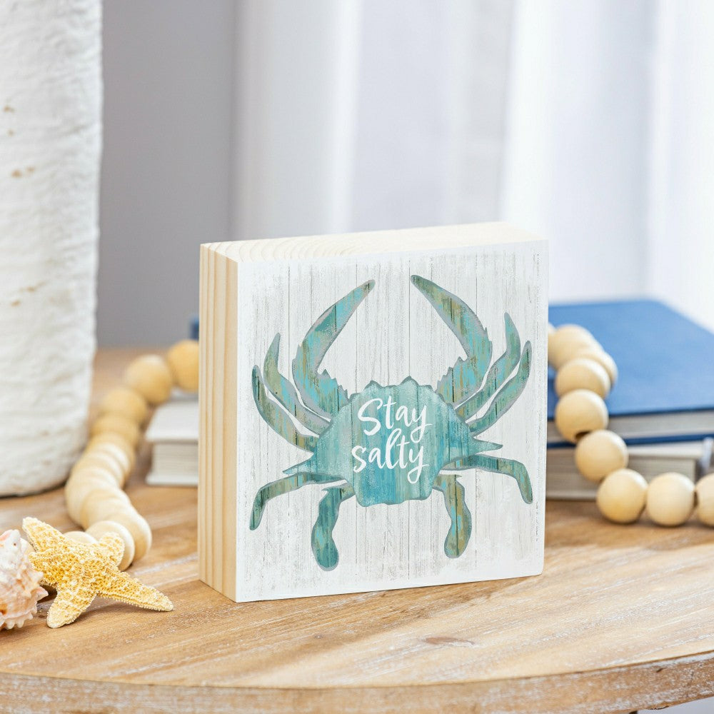 Coastal Salty Crab Sign Wood Block, 6"x6" | Plow & Hearth