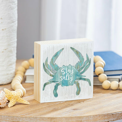Coastal Salty Crab Sign Wood Block, 6"x6" | Plow & Hearth