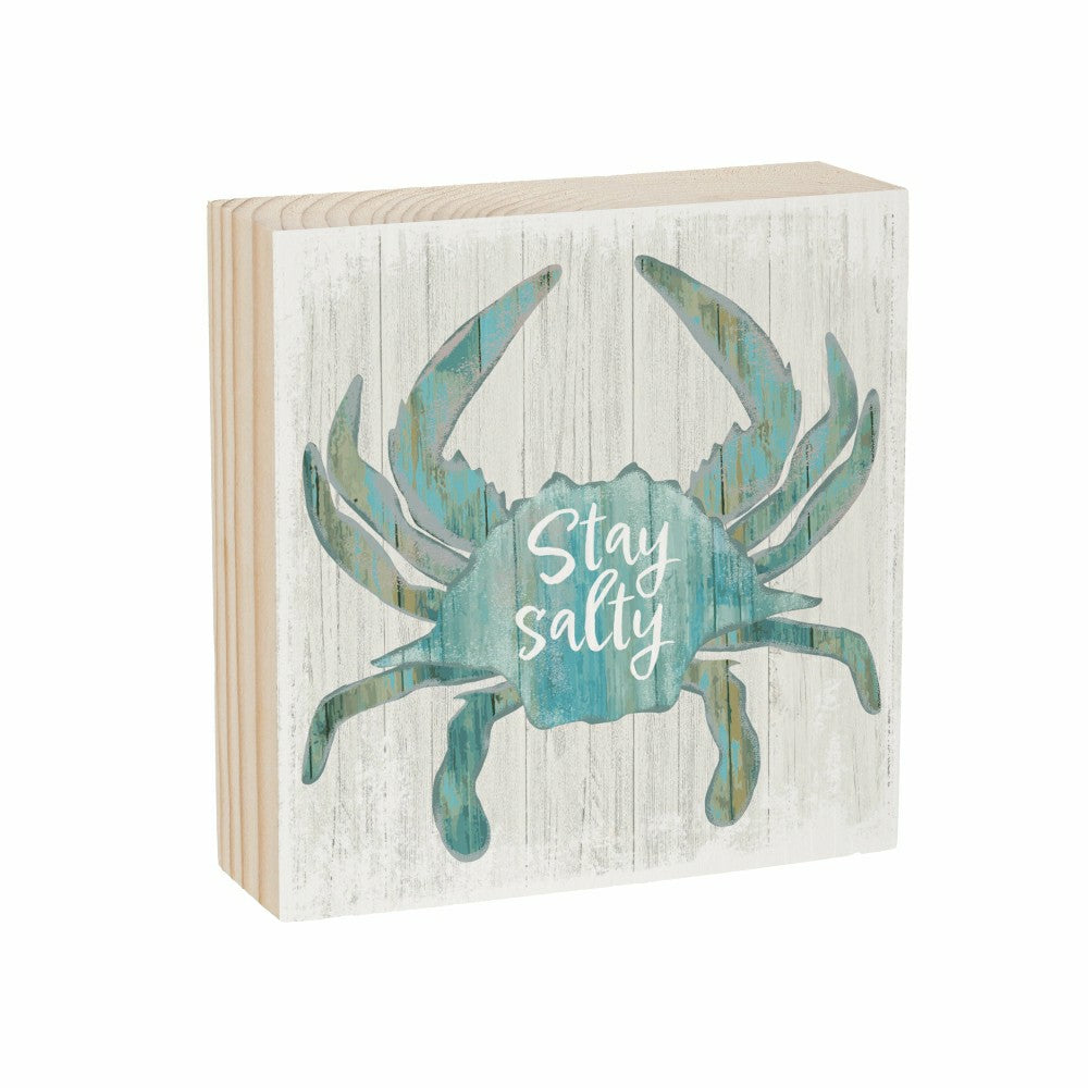 Coastal Salty Crab Sign Wood Block, 6"x6" | Plow & Hearth