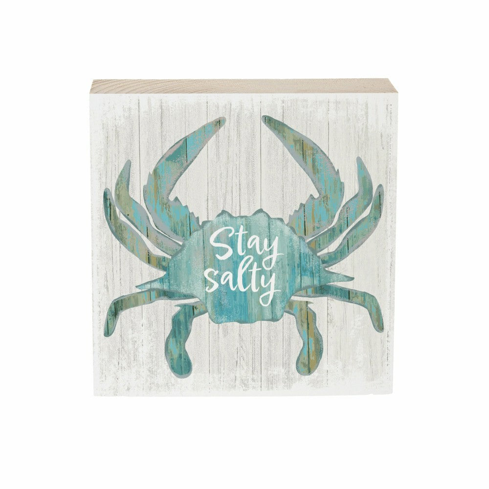 Coastal Salty Crab Sign Wood Block, 6"x6" | Plow & Hearth