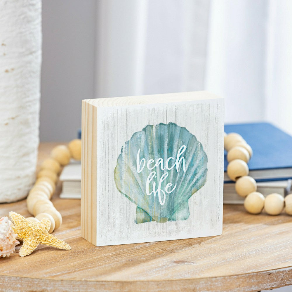 Coastal Beach Life Shell Sign Wood Block, 6"x6" | Plow & Hearth