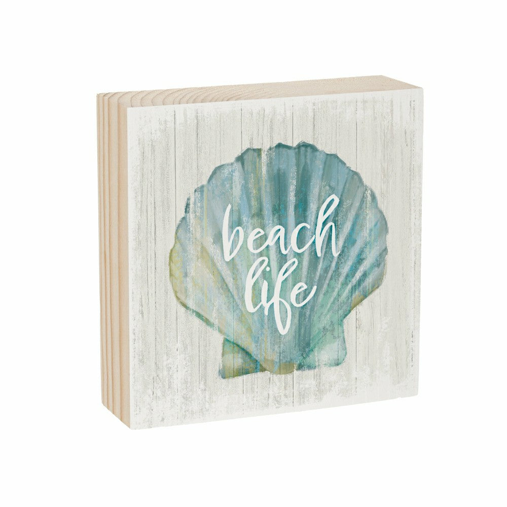 Coastal Beach Life Shell Sign Wood Block, 6"x6" | Plow & Hearth