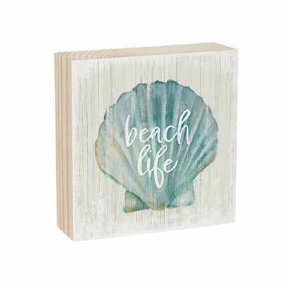 Coastal Beach Life Shell Sign Wood Block, 6"x6" | Plow & Hearth