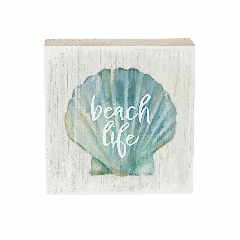 Coastal Beach Life Shell Sign Wood Block, 6"x6" | Plow & Hearth