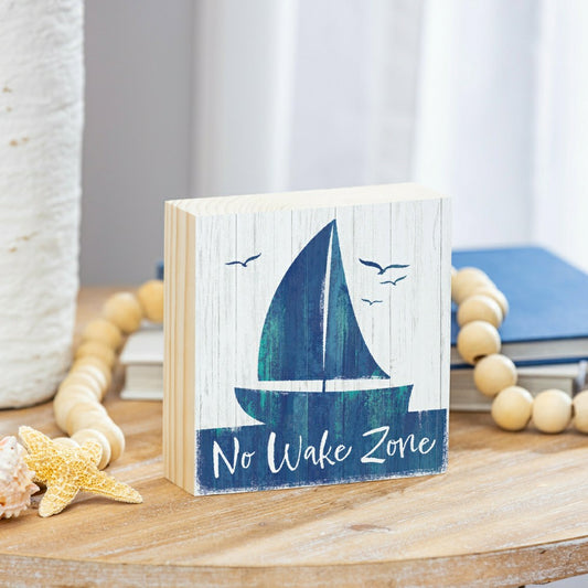Coastal No Wake Sailboat Sign Wood Block, 6"x6" | Plow & Hearth