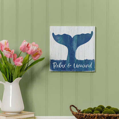 Coastal Wooden Wall Art Relax Whale 12x12" | Plow & Hearth