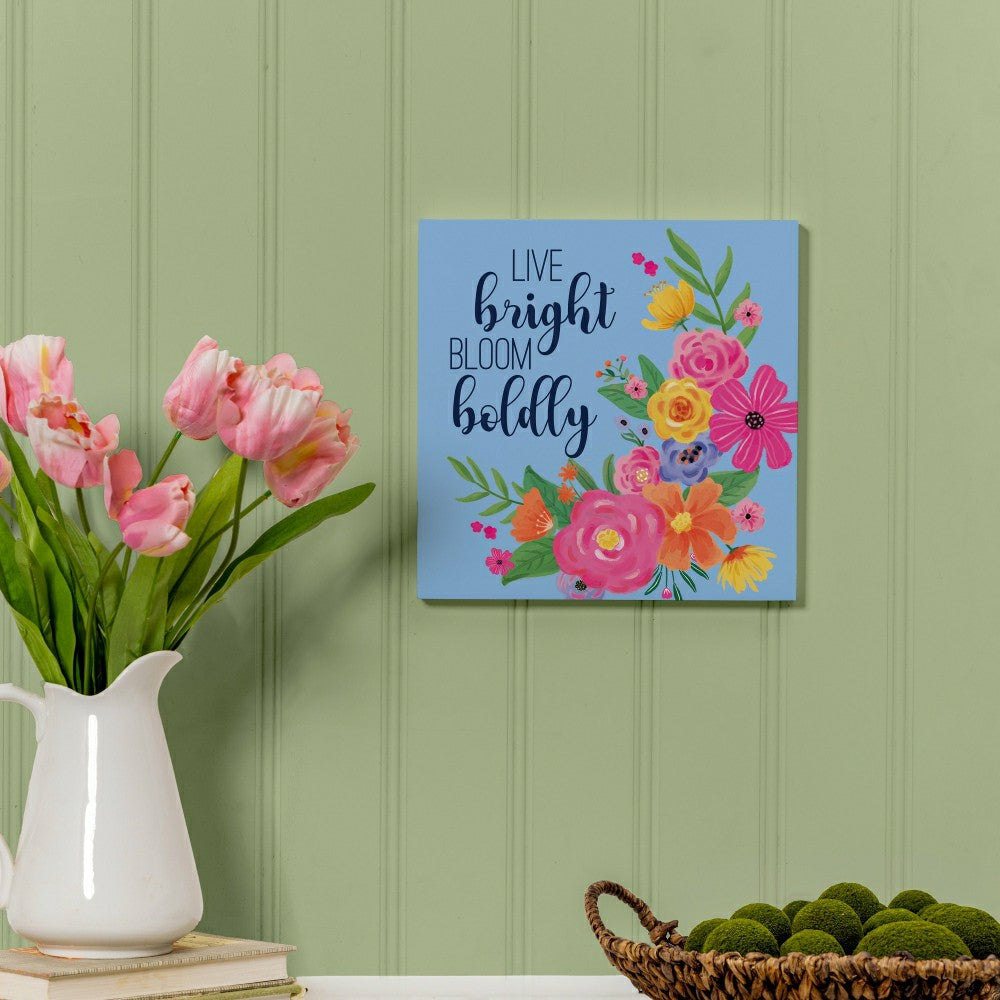Bunny Blooms Indoor Wall Decor, Live Bright Bloom Boldly, 12" L x 12"  | Plow & Hearth