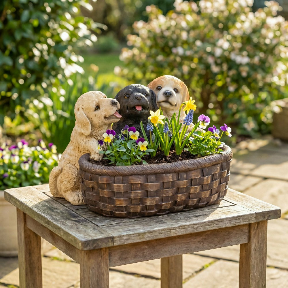 Puppies and Basket Resin Planter | Plow & Hearth