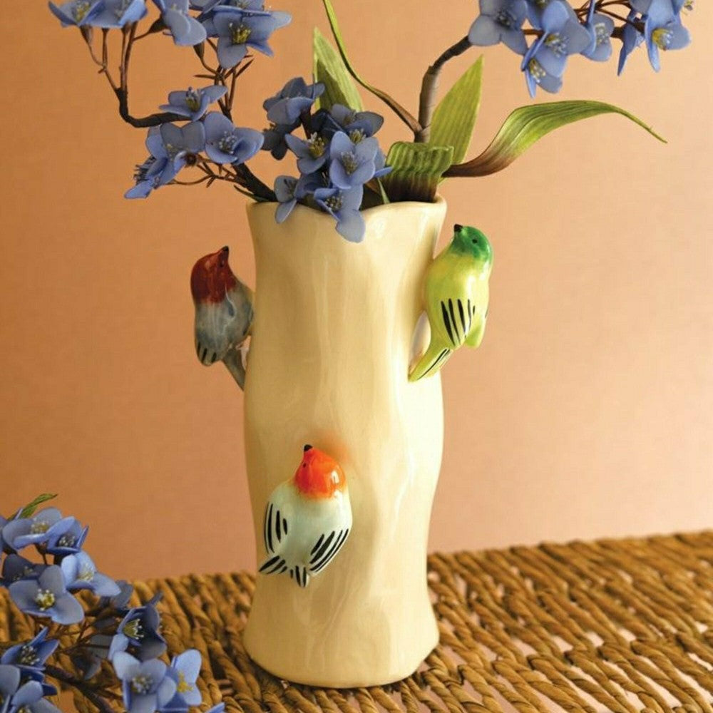 Ceramic Log Vase with Colorful Birds | Plow & Hearth