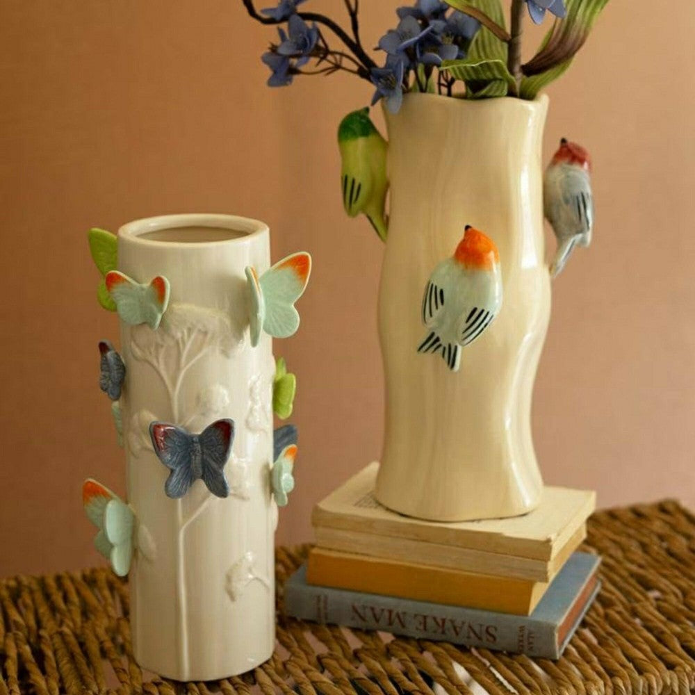 Ceramic Log Vase with Colorful Birds | Plow & Hearth