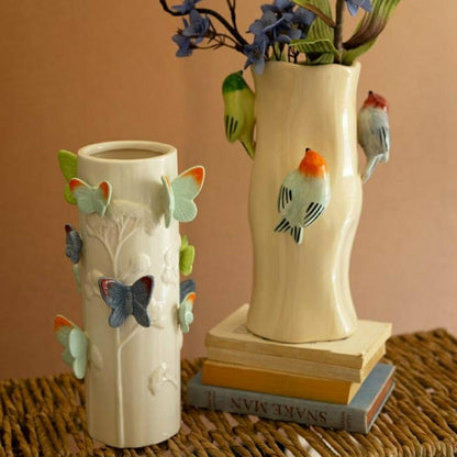 Ceramic Log Vase with Colorful Birds | Plow & Hearth
