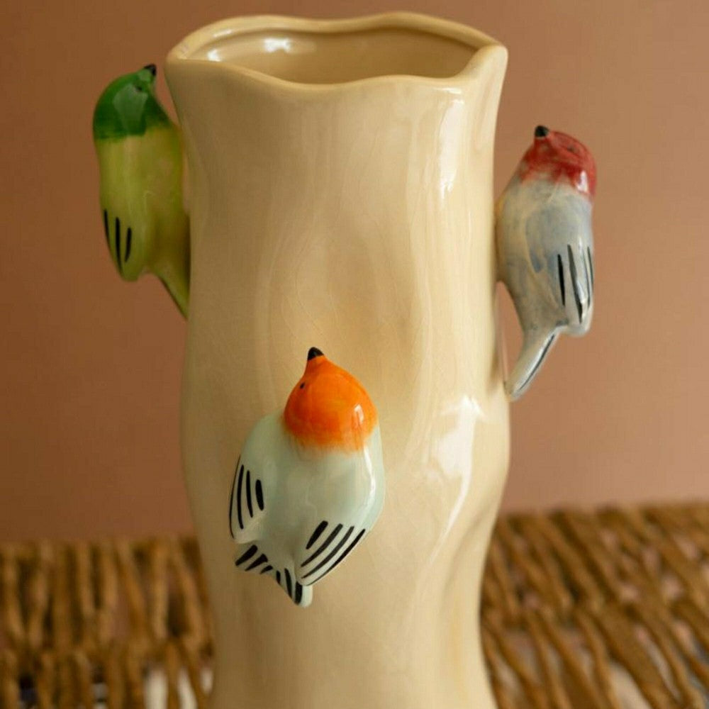 Ceramic Log Vase with Colorful Birds | Plow & Hearth