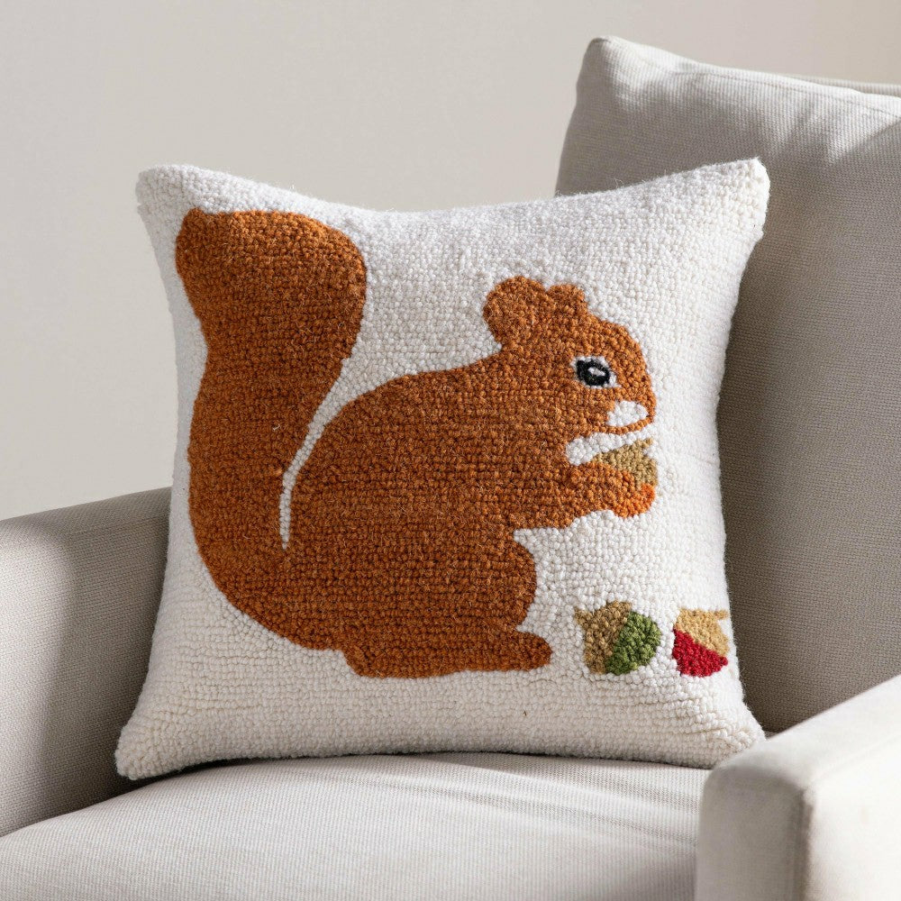 Squirrel Hand-Hooked Wool Pillow | Plow & Hearth